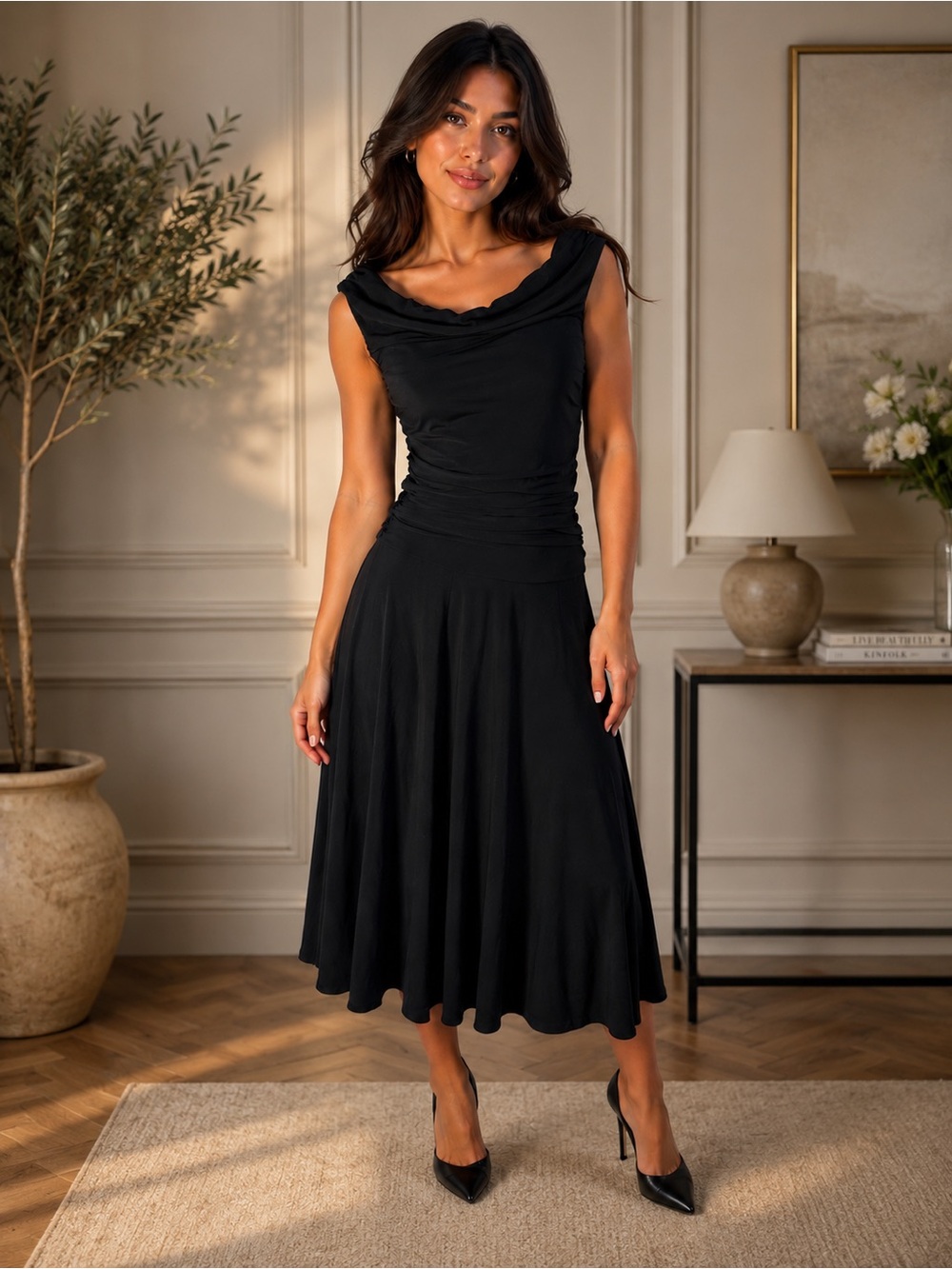78) Jessica Black Ruched Midi Dress Cowl Neck Fit & Flare Cocktail Dress.PTP 15